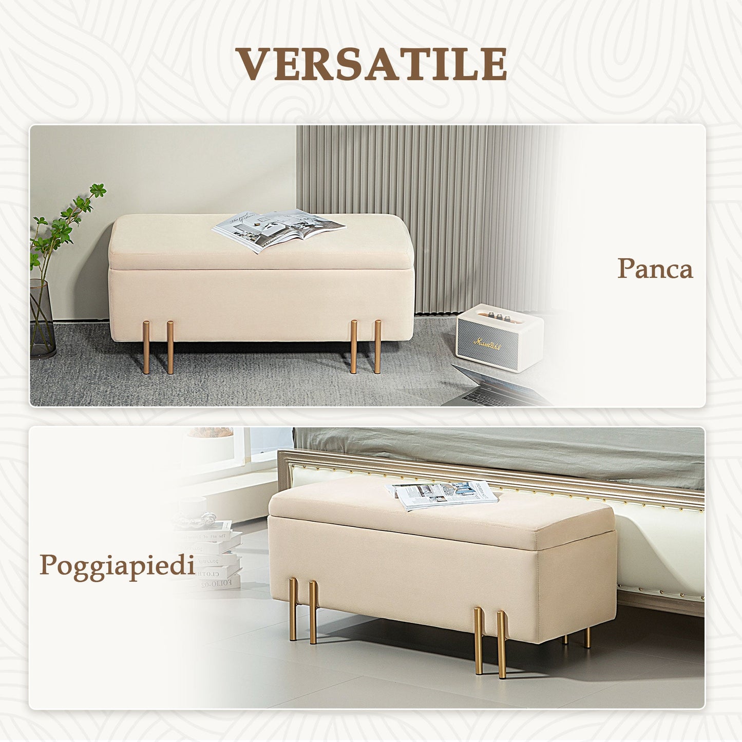 Modern Bedside Bench with Internal Storage Space, Beige Polyester, 100x40x42 cm