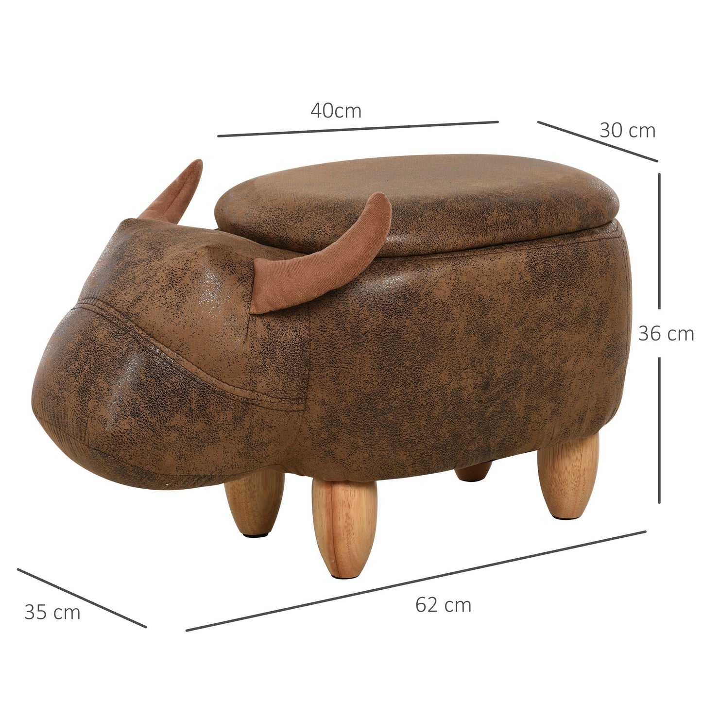 Buffalo Shaped Storage Ottoman, Modern Living Room Ottoman, Footstool, Wooden Frame, Padded Seat, 62x35x36cm, Brown