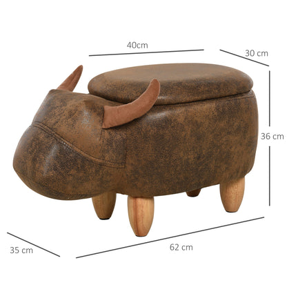 Buffalo Shaped Storage Ottoman, Modern Living Room Ottoman, Footstool, Wooden Frame, Padded Seat, 62x35x36cm, Brown