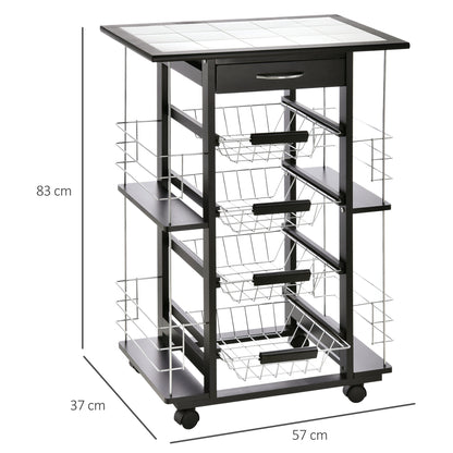 Kitchen Trolley with Drawer, 4 Pull-Out Fruit Baskets and Ceramic Top, Space-Saving Kitchen Cart with 4 Side Shelves in Pine Wood and Metal, 57x37x83 cm, Black