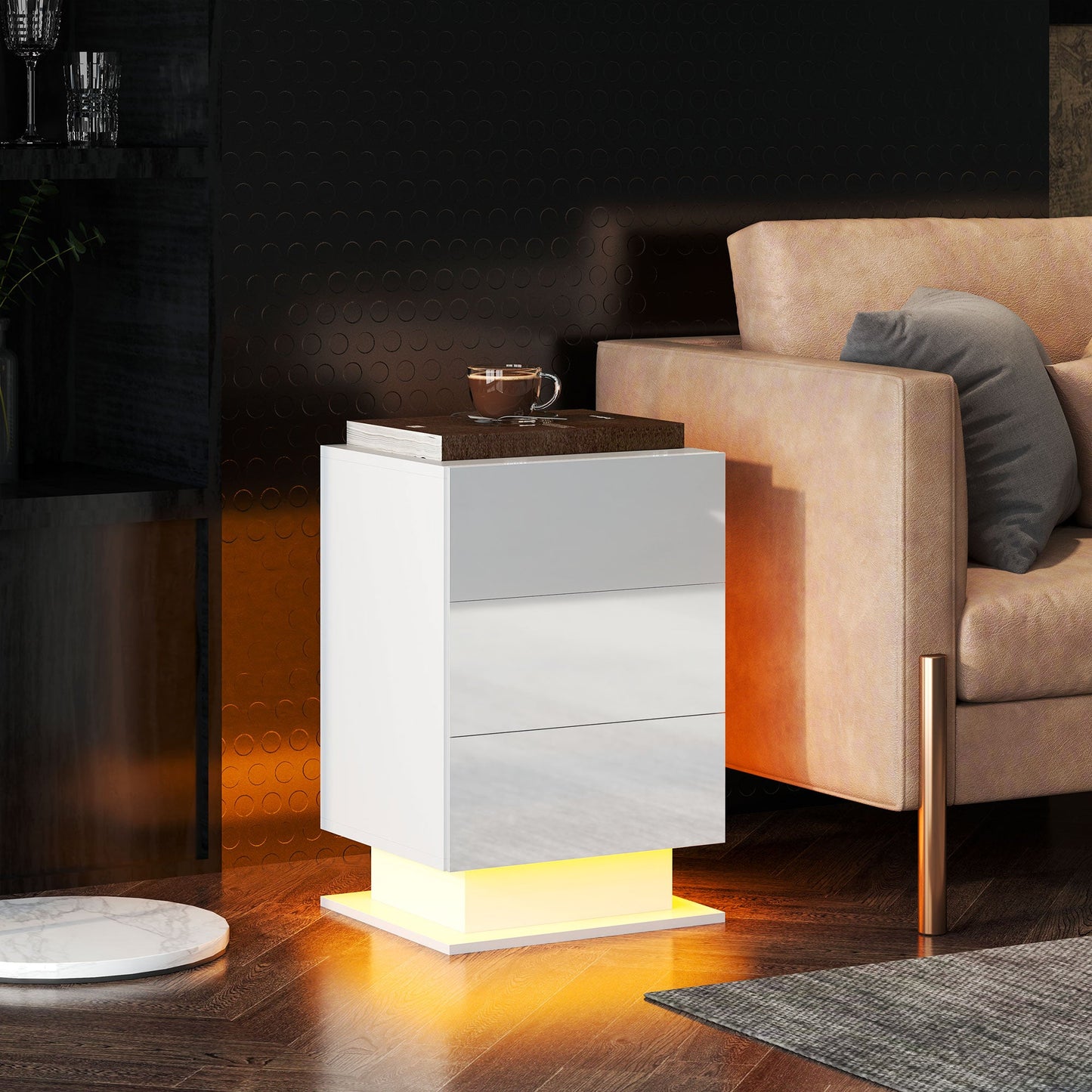 Modern Bedside Table with Adjustable LED Light with Remote Control and 3 Drawers, 40x35x60 cm, Glossy White