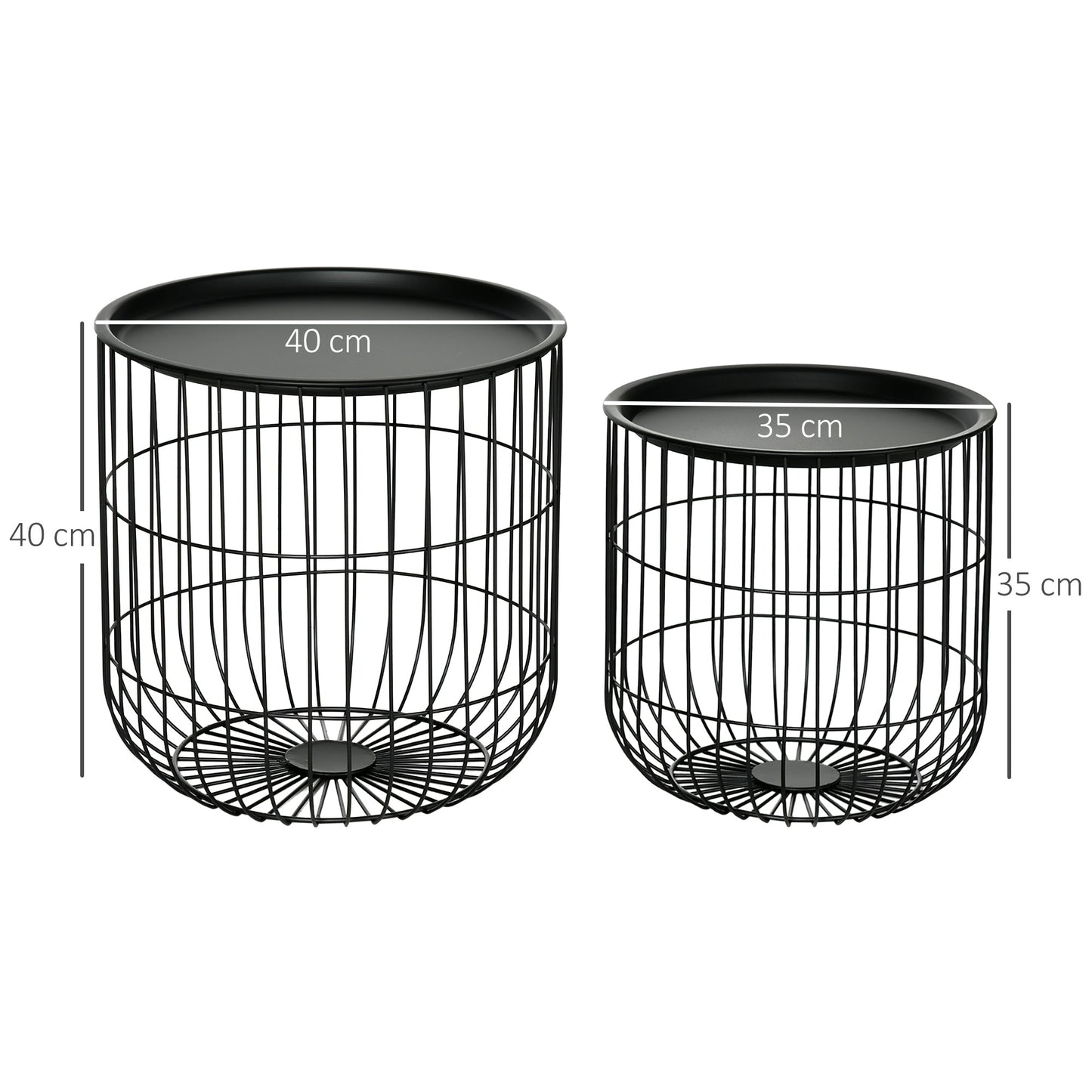 Set of 2 Round Stackable Steel Coffee Tables with Storage Compartment, Black