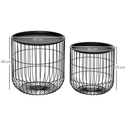 Set of 2 Round Stackable Steel Coffee Tables with Storage Compartment, Black