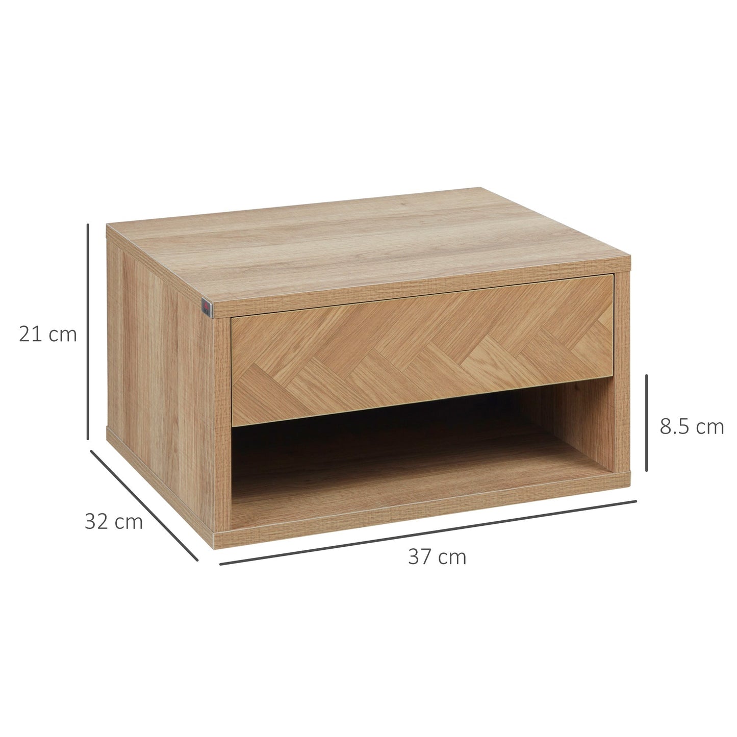 Set 2 modern bedside tables suspended with drawer and wooden shelf 37x32x21cm, natural color