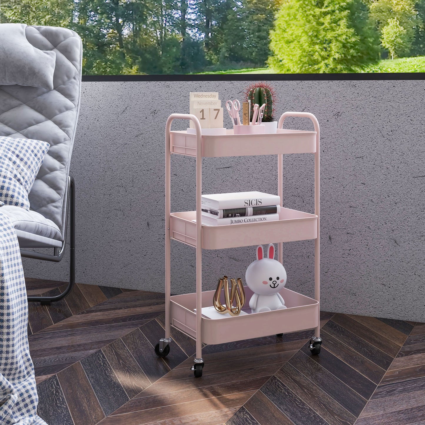 3-Tier Beauty Cart with Handles and 4 Wheels, Steel, 45x30.6x79 cm, Pink