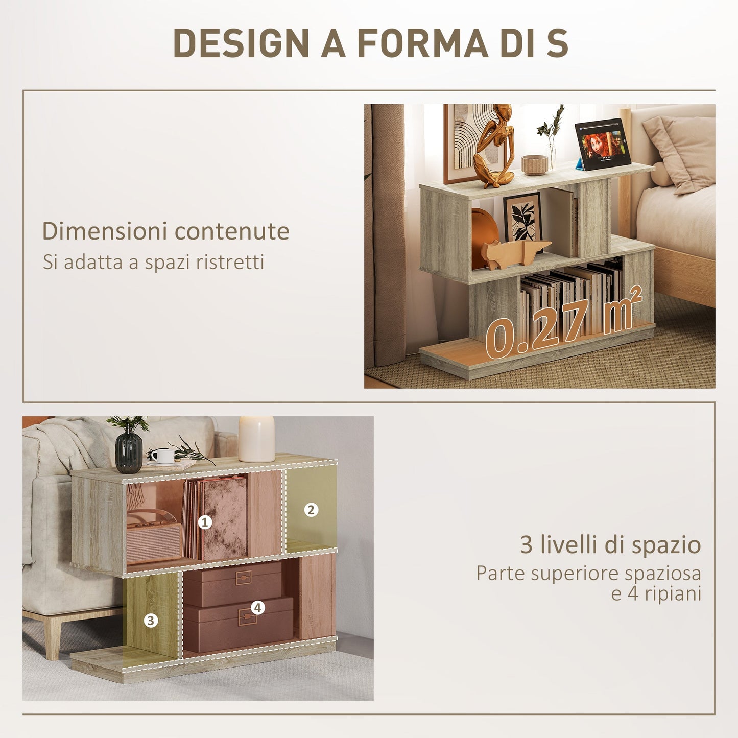 Modern S-Shaped Coffee Table with 3 Shelves for Living Room and Lounge, 90x30x61 cm, Wood