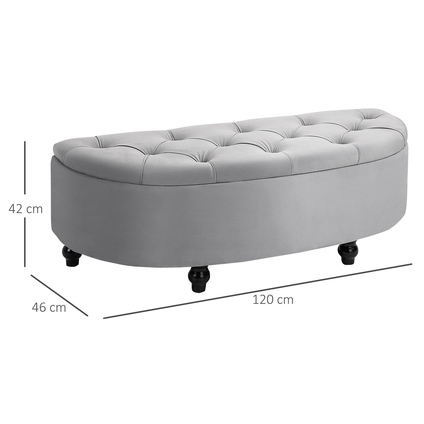 Padded Semicircle Bedside Storage Bench, Velvet and Wood, 120x46x42 cm, Light Grey