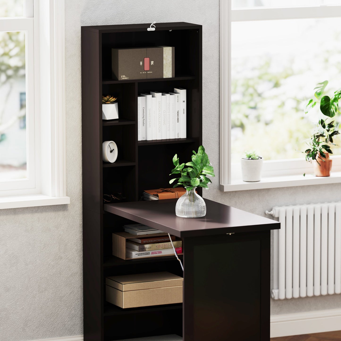 Modern Folding Desk with Bookcase and Blackboard, Wood and Metal, 98x51x153 cm, Brown