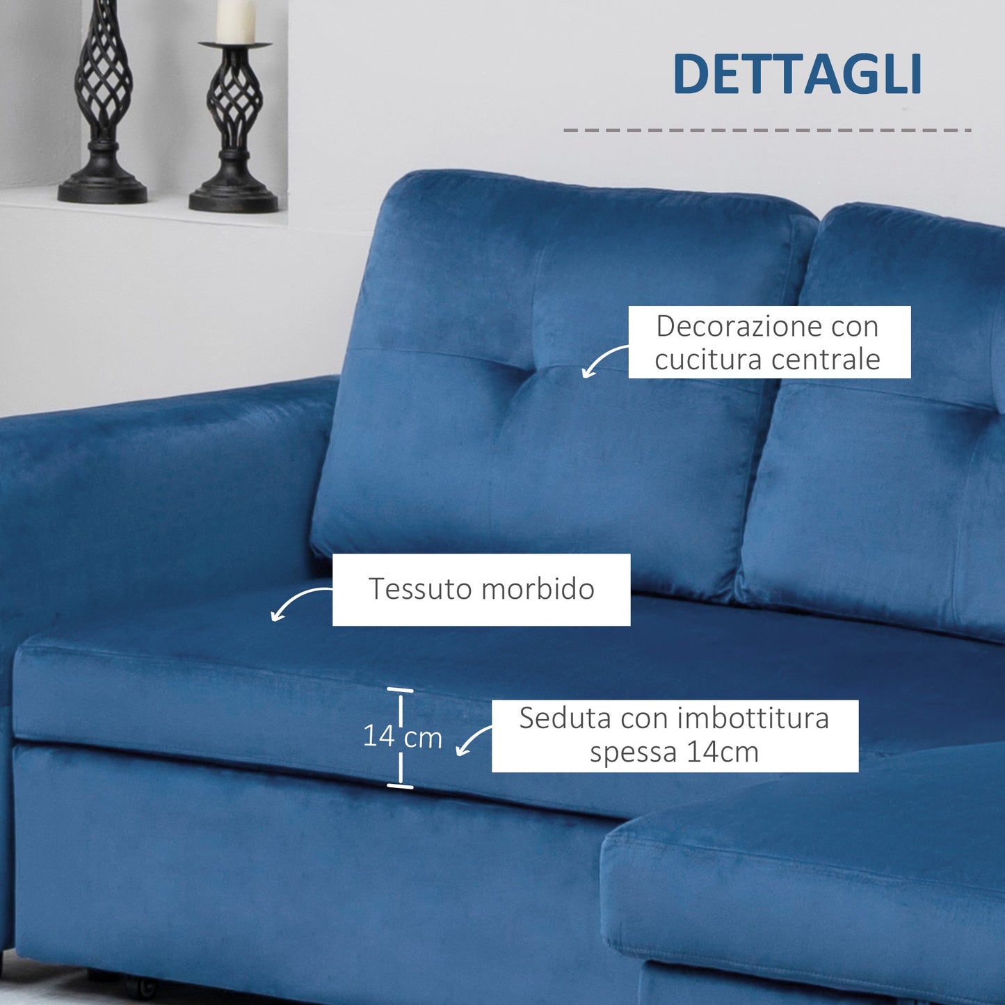 ALEA | 3 Seater Velvet Effect Corner Sofa Bed and Chaise with Storage, 232x141x85cm, Blue