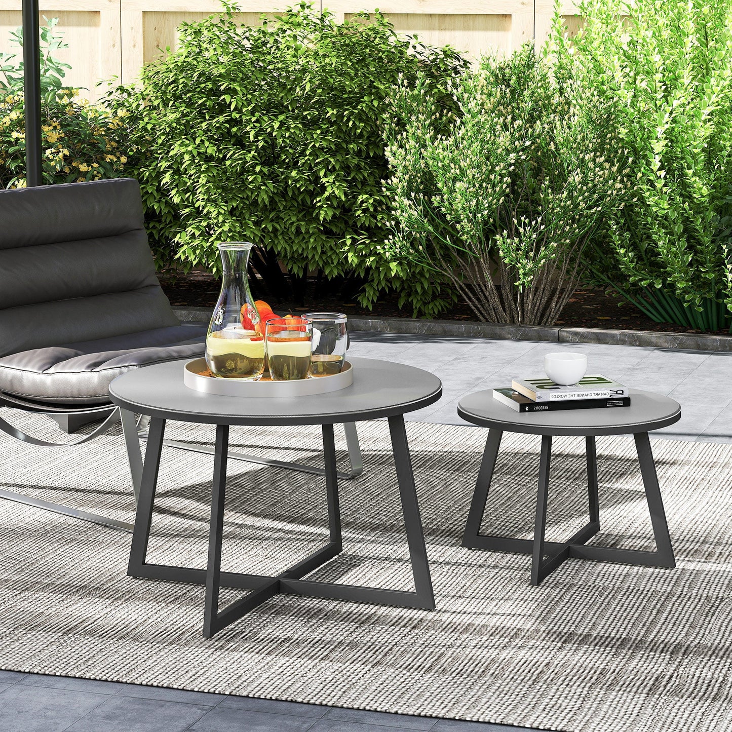 Set of 2 Outdoor Coffee Tables with Tempered Glass Top, Ø70x45 cm and Ø50x35 cm, Gray