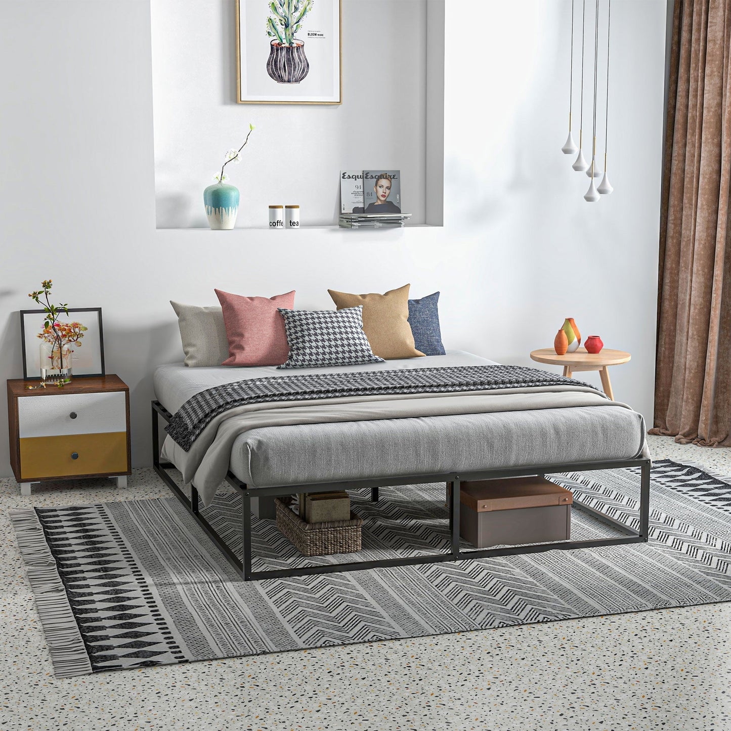 Bed Frame with Plywood Slats and Lower Container, 190x160x35cm, Black and Wood Color