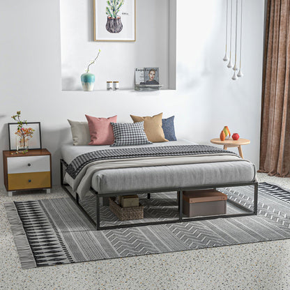 Bed Frame with Plywood Slats and Lower Container, 190x160x35cm, Black and Wood Color