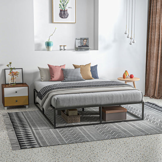 Bed Frame with Plywood Slats and Lower Container, 190x160x35cm, Black and Wood Color