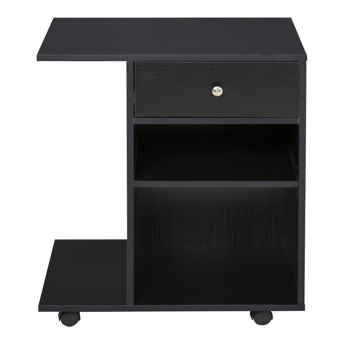 Printer Stand in Black Wood with 1 Drawer, 2 Shelves and CPU Shelf, for Office 60x40x68.5cm