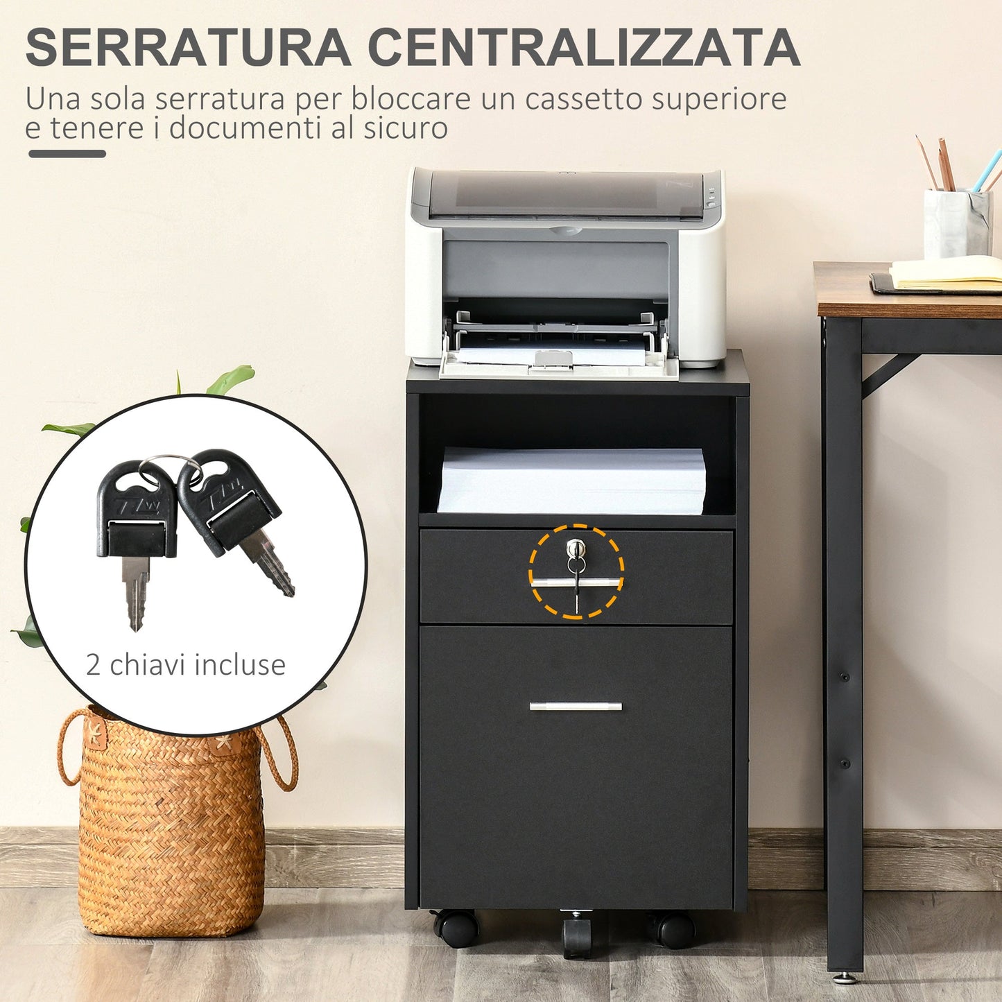 Wooden Office Drawer Cabinet with 2 Drawers and Open Shelf, 39x40x65 cm, Black