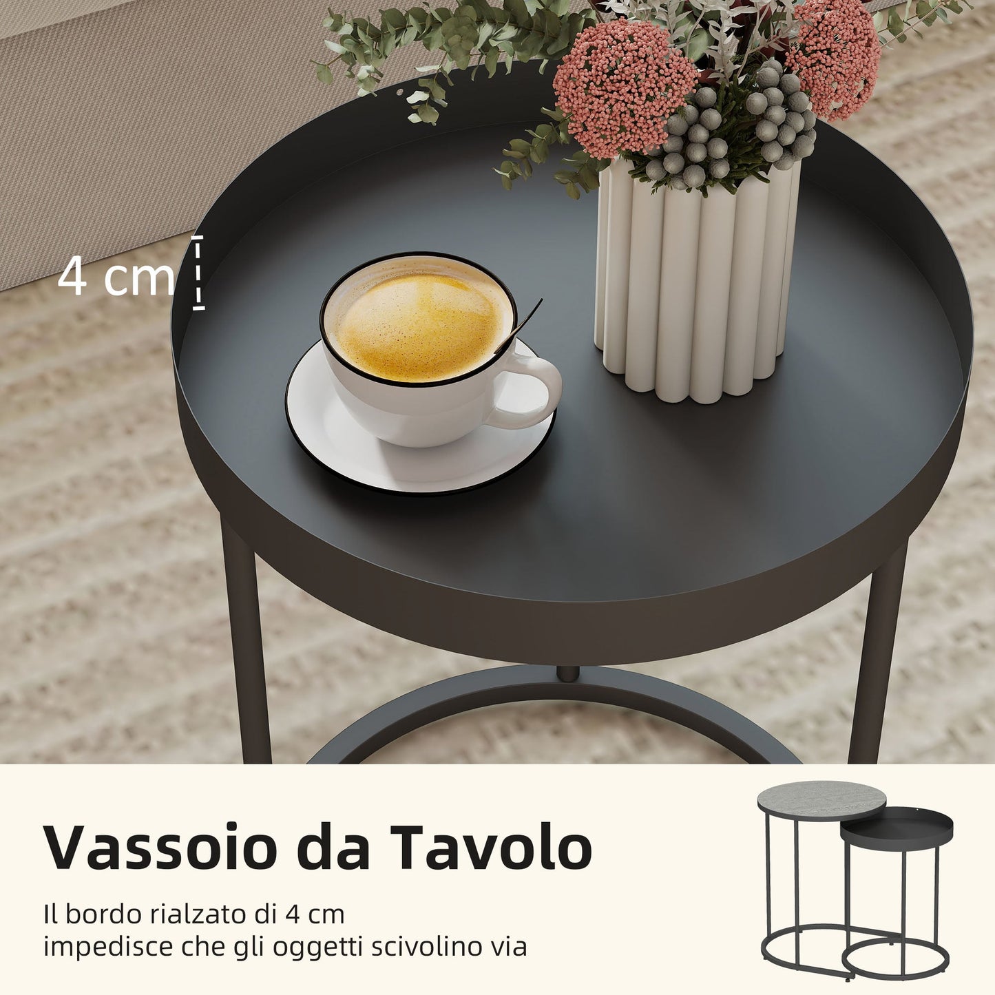 Set of 2 Industrial Style Stackable Coffee Tables, Wood and Metal, Ø42x54 cm and Ø36.5x48.5 cm, Grey and Black