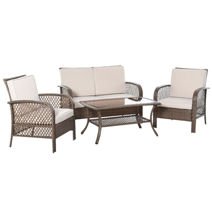 Brown Rattan Garden Furniture Set, 4-Piece Outdoor Sofa, Coffee Table, and Chair Set with Khaki Padded Cushions