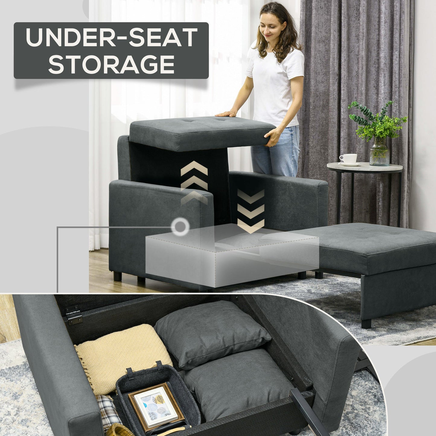 Grey Velvet Fabric Armchair Bed with 2 Cushions and Storage Space, 100x98x88 cm