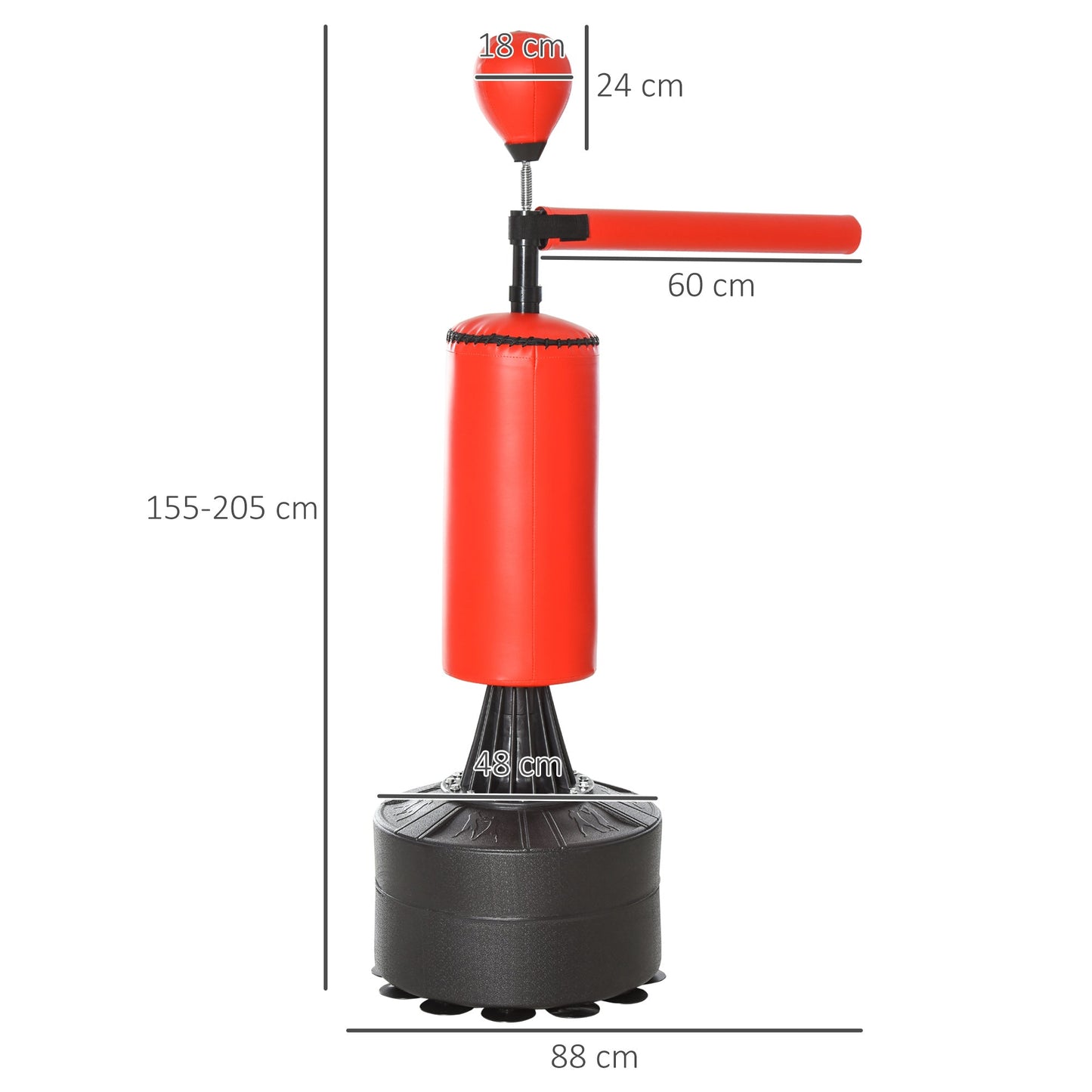 Height Adjustable Punching Bag with Punching Ball and Fillable Base, 88x48x155-205 cm, Red and Black