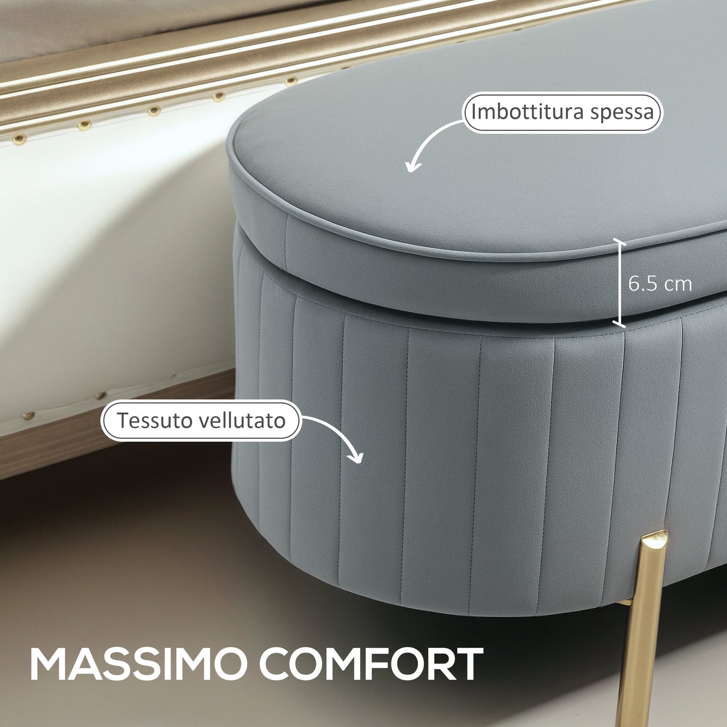 72L Oval Storage Bench with Lift-Top Lid, Velvet Fabric and Wood, 108x44x43.5 cm, Grey