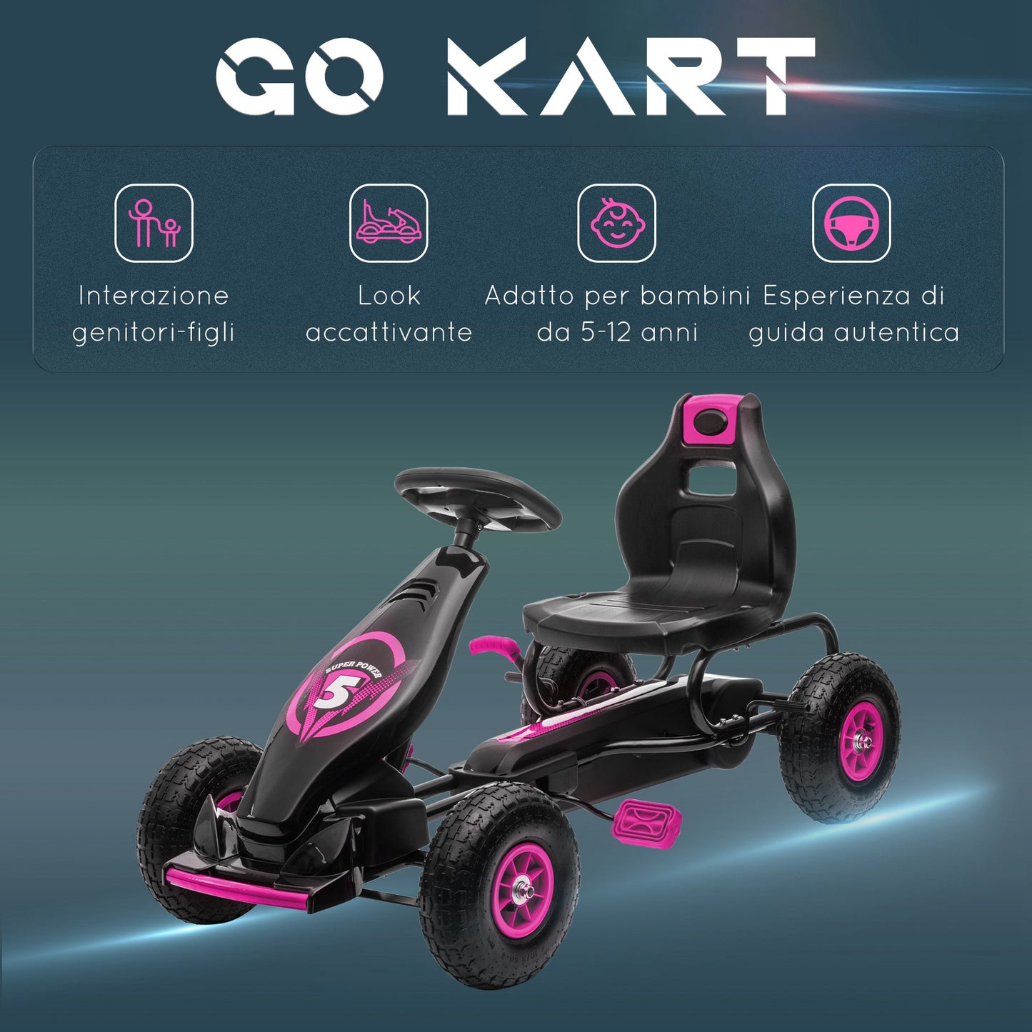 Pedal Go Kart for Kids Ages 5-12 with Adjustable Seat, Metal and PP 121x58x61 cm, Pink and Black