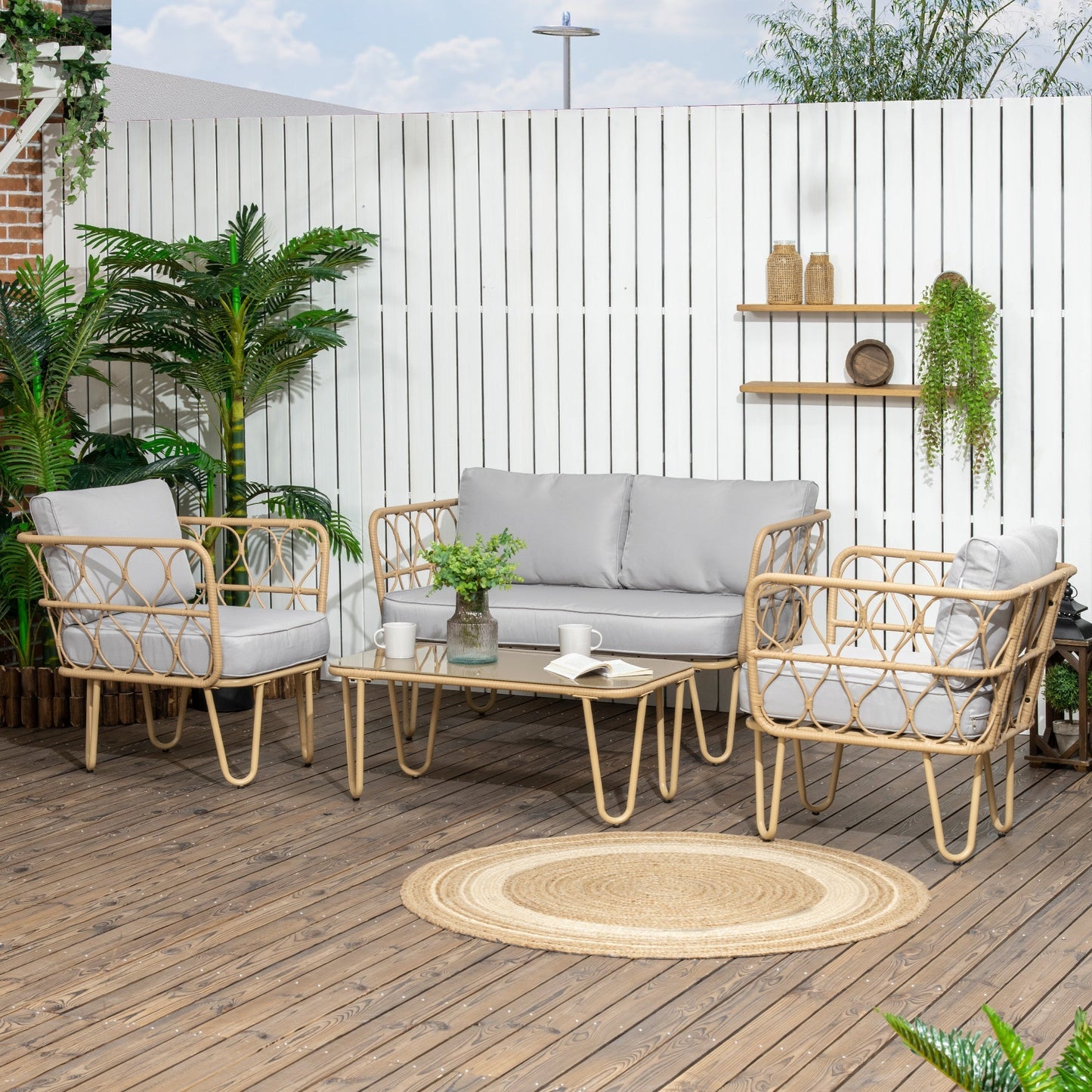 Boho Style Rattan Garden Lounge Set with 2 Seater Sofa, 2 Armchairs and Glass Coffee Table