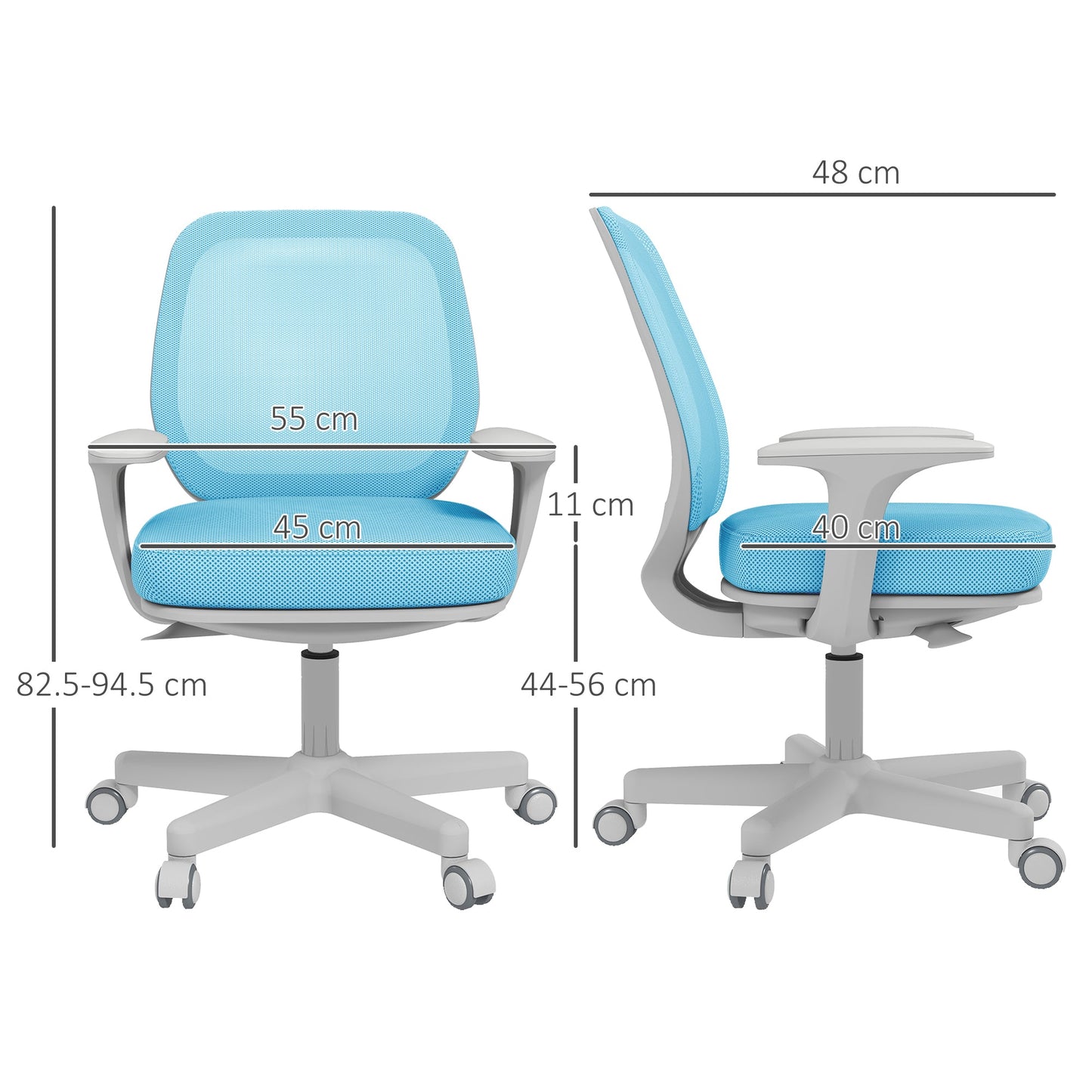 Ergonomic Reclining Office Chair with Adjustable Height and 5 Wheels, 55x48x82.5-94.5 cm, Blue