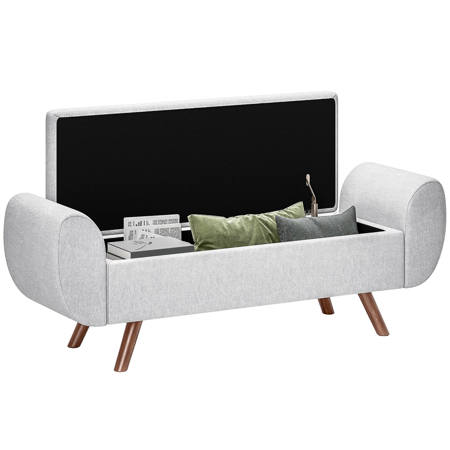 Bedside Storage Bench with Fabric Armrests, Wooden Legs and 53.8L Compartment, 132x42x50 cm, Grey