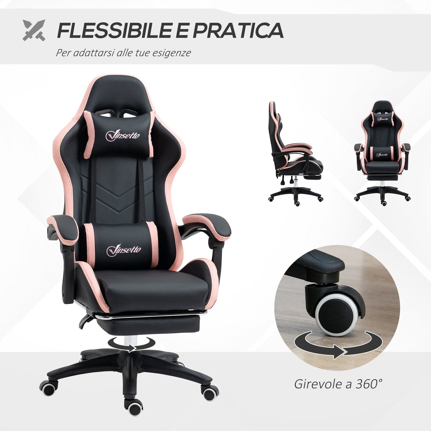 Height Adjustable Gaming Chair with Headrest, 65x65x121-129 cm, Pink and Black