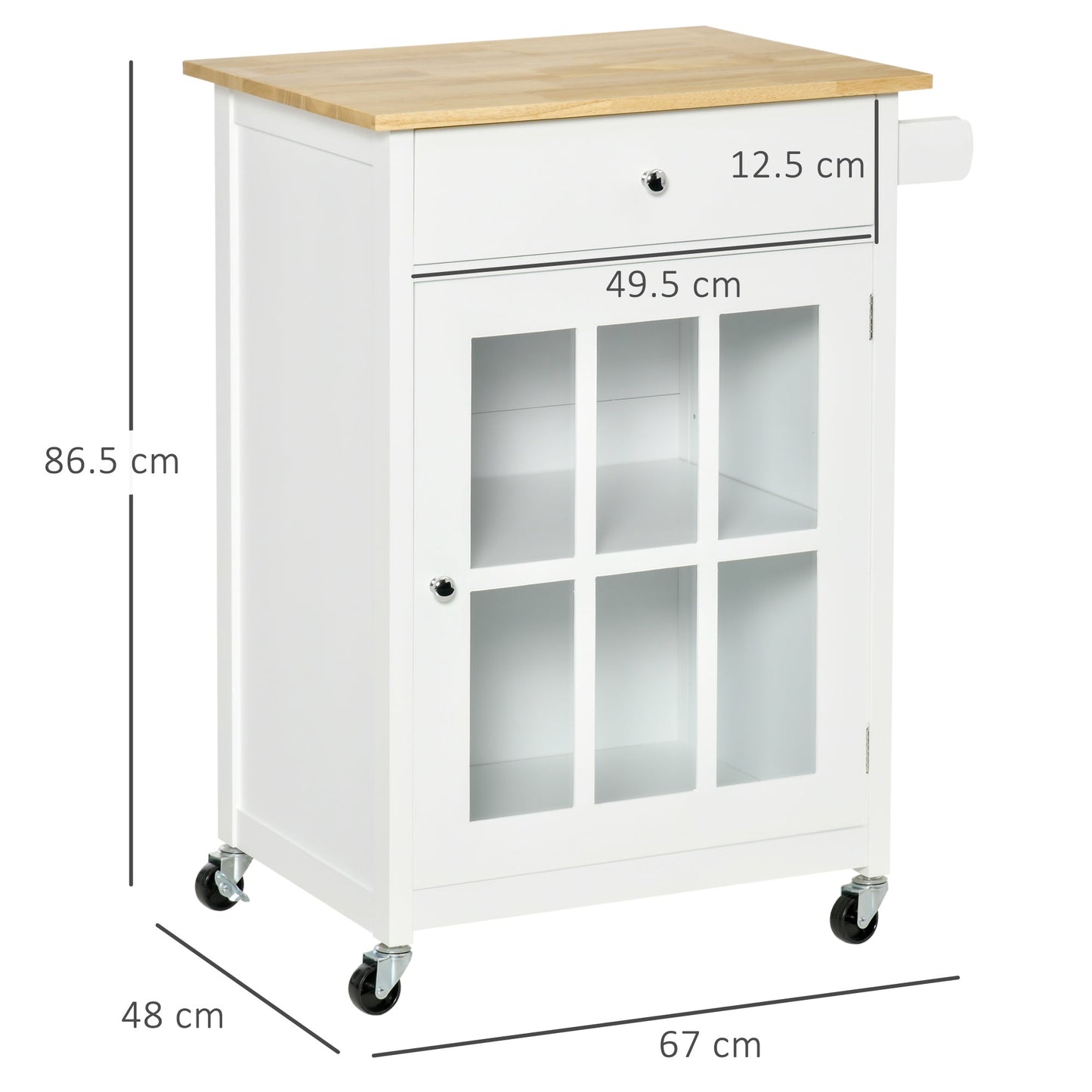 Multipurpose Kitchen Cart with 4 Wheels, White Wood, 67x48x86.5cm