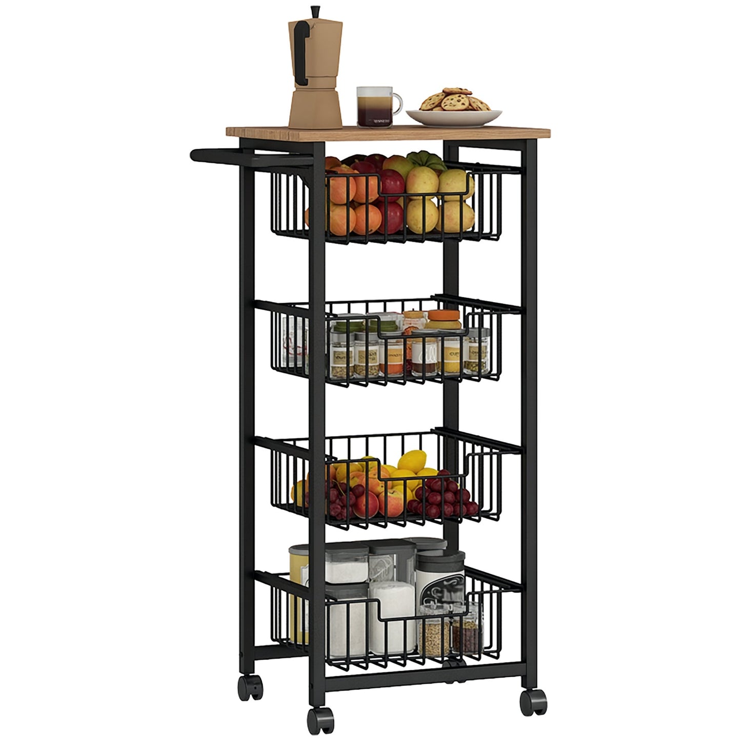 Kitchen Trolley with 4 Pull-Out Baskets, Wheels and Brakes, Steel and Wood, 49.5x31x91 cm, Oak
