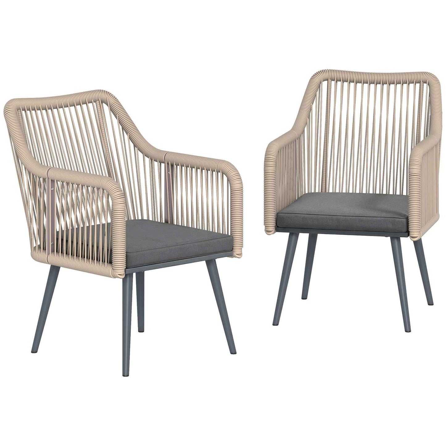 Set of 2 Garden Chairs with Cushions and Armrests, in Steel and PE Rattan, 54x65x80 cm, Dark Grey