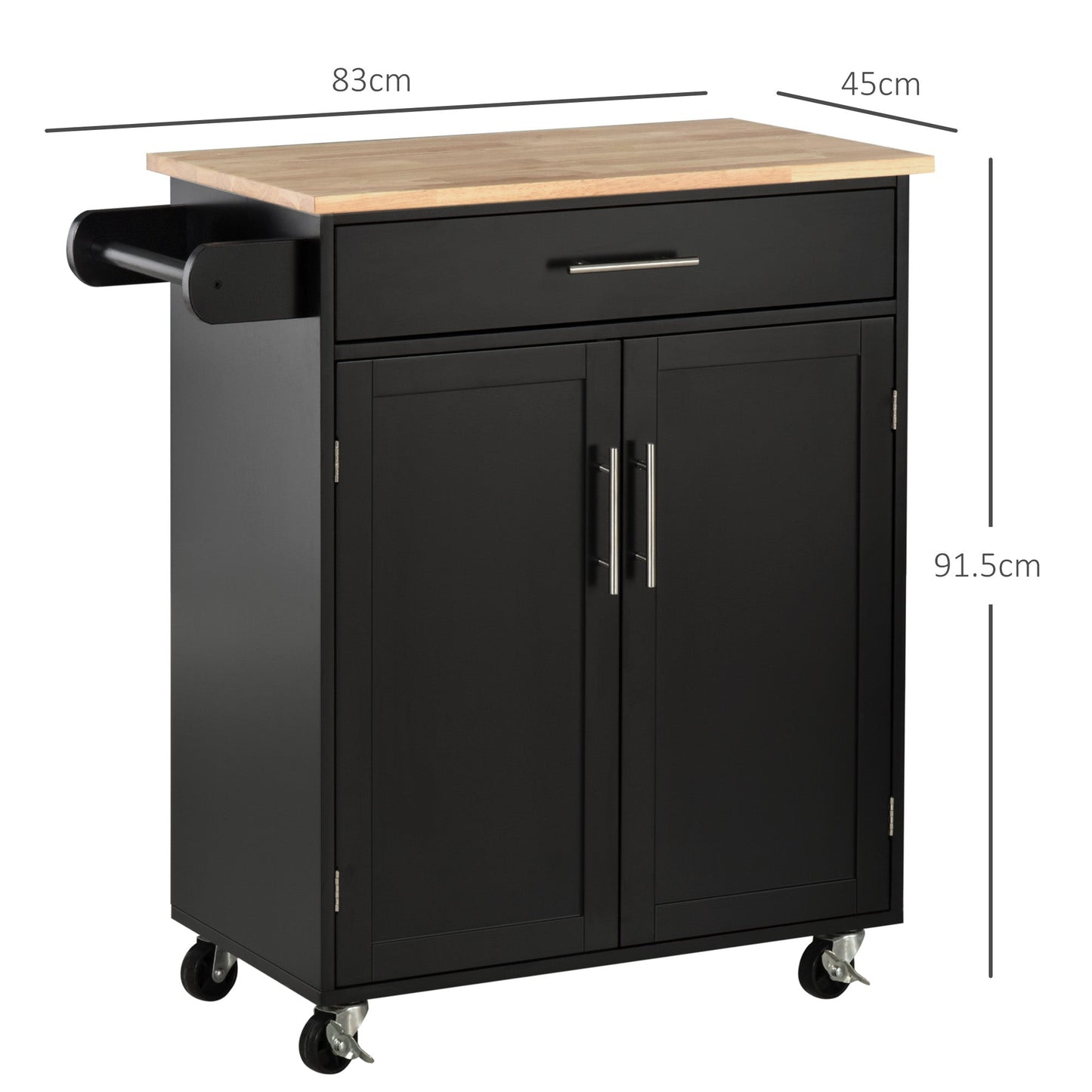Kitchen Trolley with Drawer and Cabinet 2 Doors, Wheels and Side Bar, 83x45x91.5cm, Black