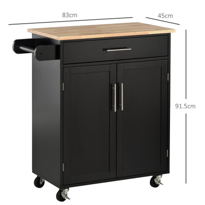 Kitchen Trolley with Drawer and Cabinet 2 Doors, Wheels and Side Bar, 83x45x91.5cm, Black