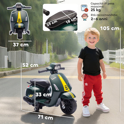 Licensed Electric Motorcycle for Kids, 6V Rechargeable Battery, Training Wheels and Lights, Ages 2-6 Years, Dark Green