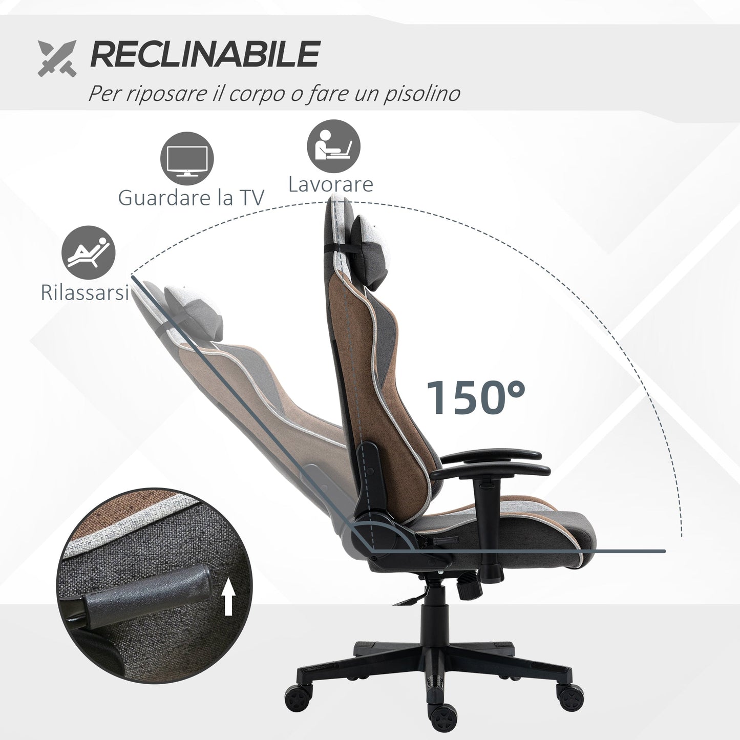 150° Reclining Gaming Chair with Rocking Function, Headrest and Lumbar Cushion, Grey