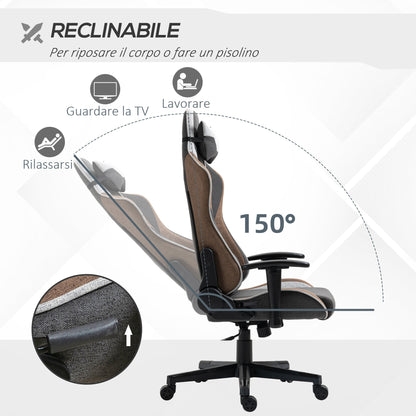 150° Reclining Gaming Chair with Rocking Function, Headrest and Lumbar Cushion, Grey