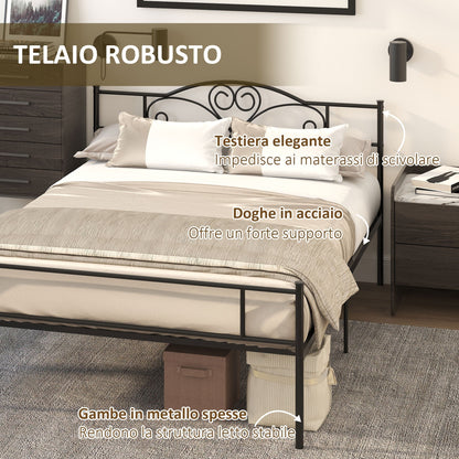 Double Bed Frame in Steel with Integrated Slats, Headboard and Footboard, 160x200cm