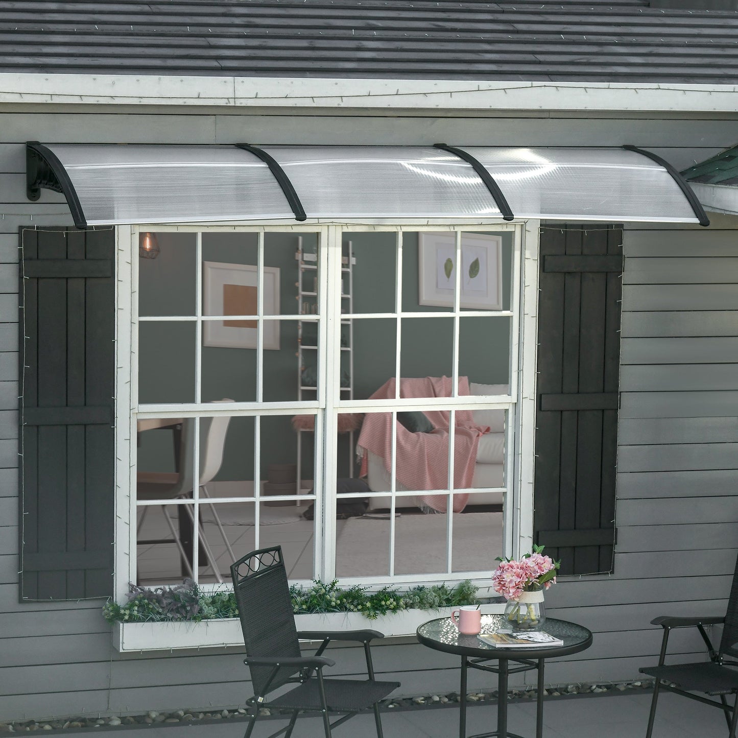 Modern Canopy in Polycarbonate, Aluminum and PP for Balconies, Windows and Doors, 303x96x27 cm, Black and Transparent