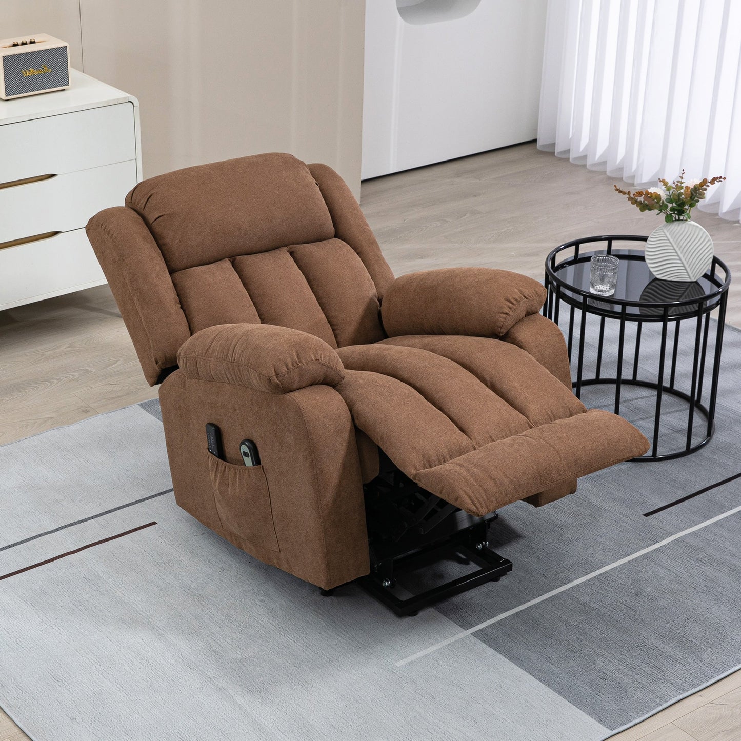 Lift Relax Chair with Remote Control, Massaging and Reclining in Fabric, Brown