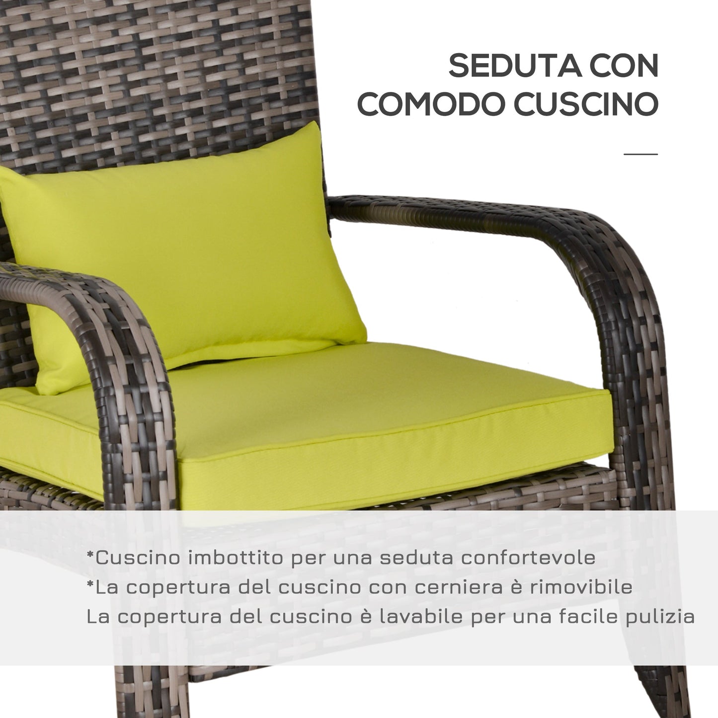 Adironrack Garden Chair with Armrests and Cushions, Rattan and Steel Chair for Indoor and Outdoor Use, 64x80x90 cm, Green