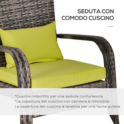 Adironrack Garden Chair with Armrests and Cushions, Rattan and Steel Chair for Indoor and Outdoor Use, 64x80x90 cm, Green