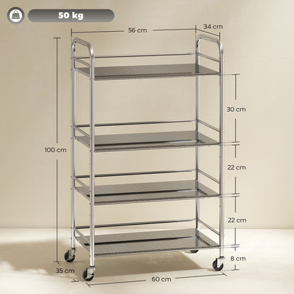 4-Tier Utility Cart with 2 Adjustable Shelves and Raised Edges, Stainless Steel, 60x35x100 cm