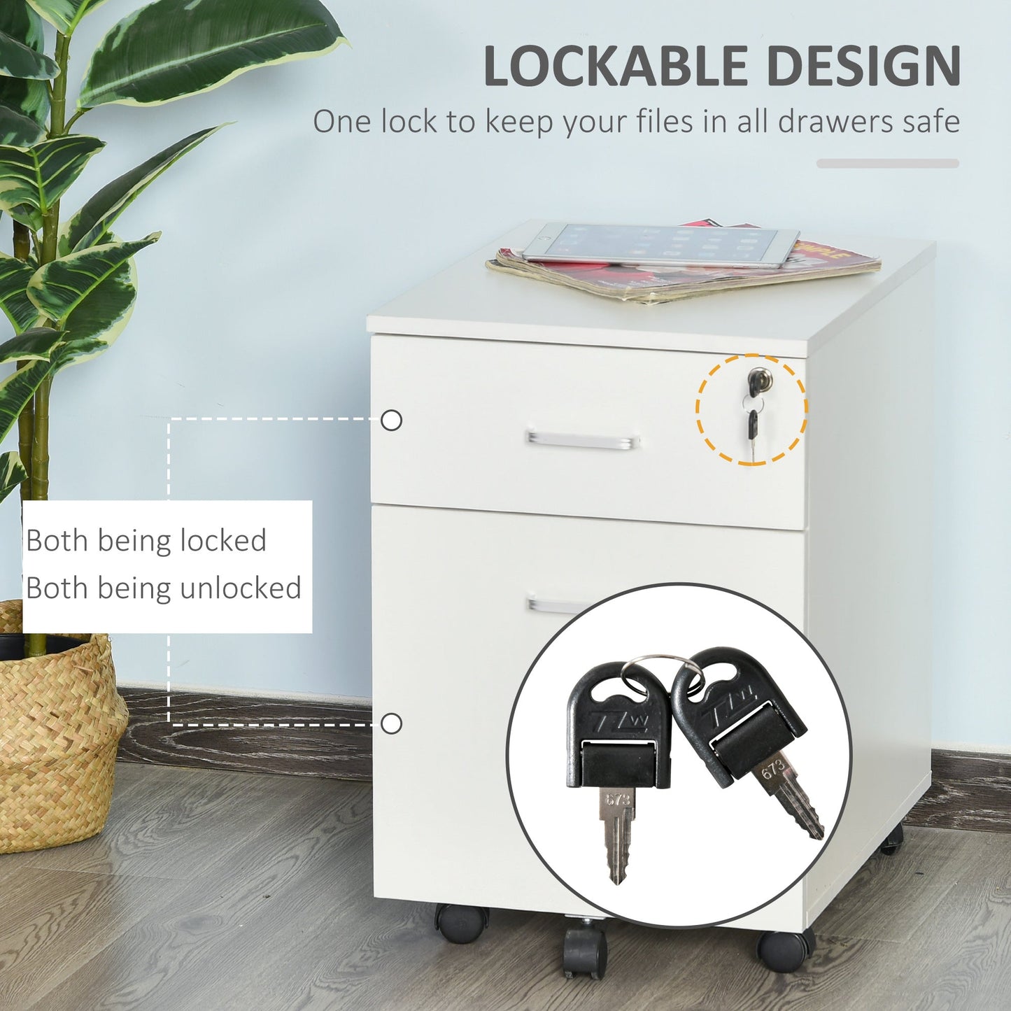 2 Drawer Office Chest with Lock and 5 Wheels, Chipboard, 40x49x58 cm, White