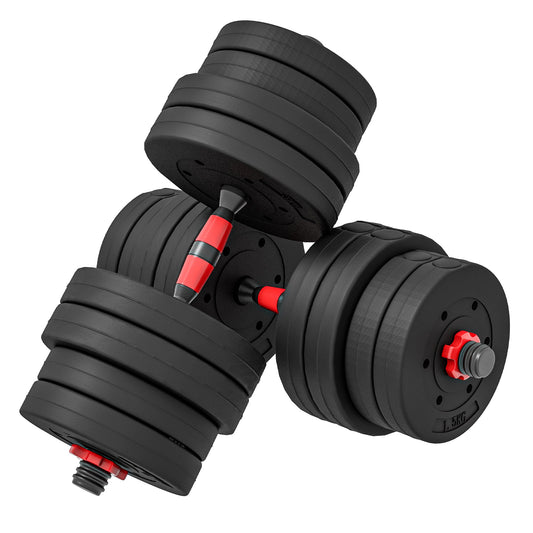 Set of 2 Non-Slip Dumbbells with 16 Weight Discs of 30 kg Total and Connector, in Steel, HDPE and Sand, Black