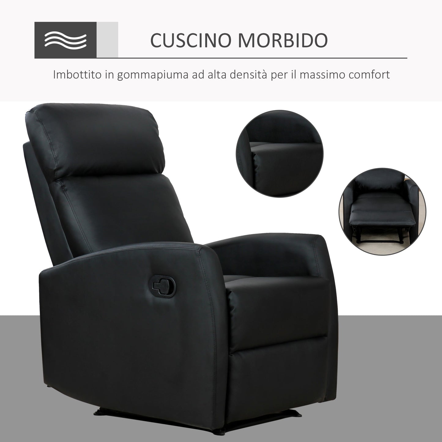 Reclining Relax Chair, Adjustable and Ergonomic, PU Leather with Padding, for Home and Office, 65x92x100 cm, Black