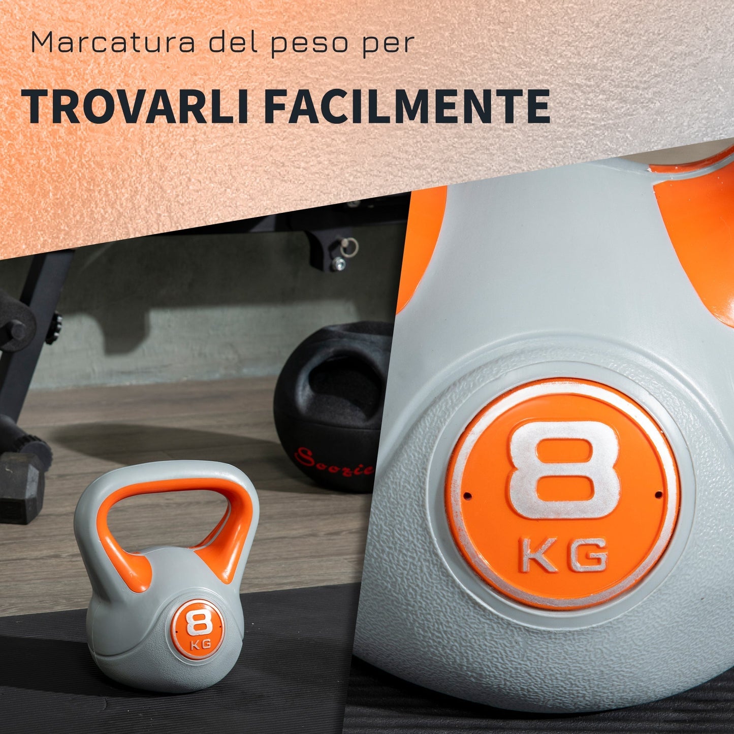 Kettlebell 8kg in PU and Sand with Flat Base and Handle for Deadlifts, Squats and Lifts, 20x14x24 cm, Orange