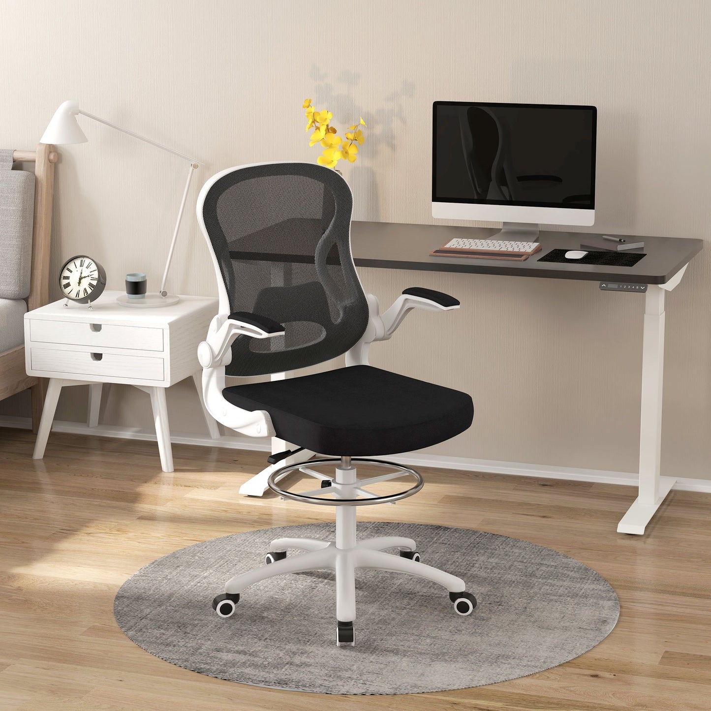 Ergonomic Office Chair in Breathable Fabric with Adjustable Height and Folding Armrests, 59x65x110-130 cm