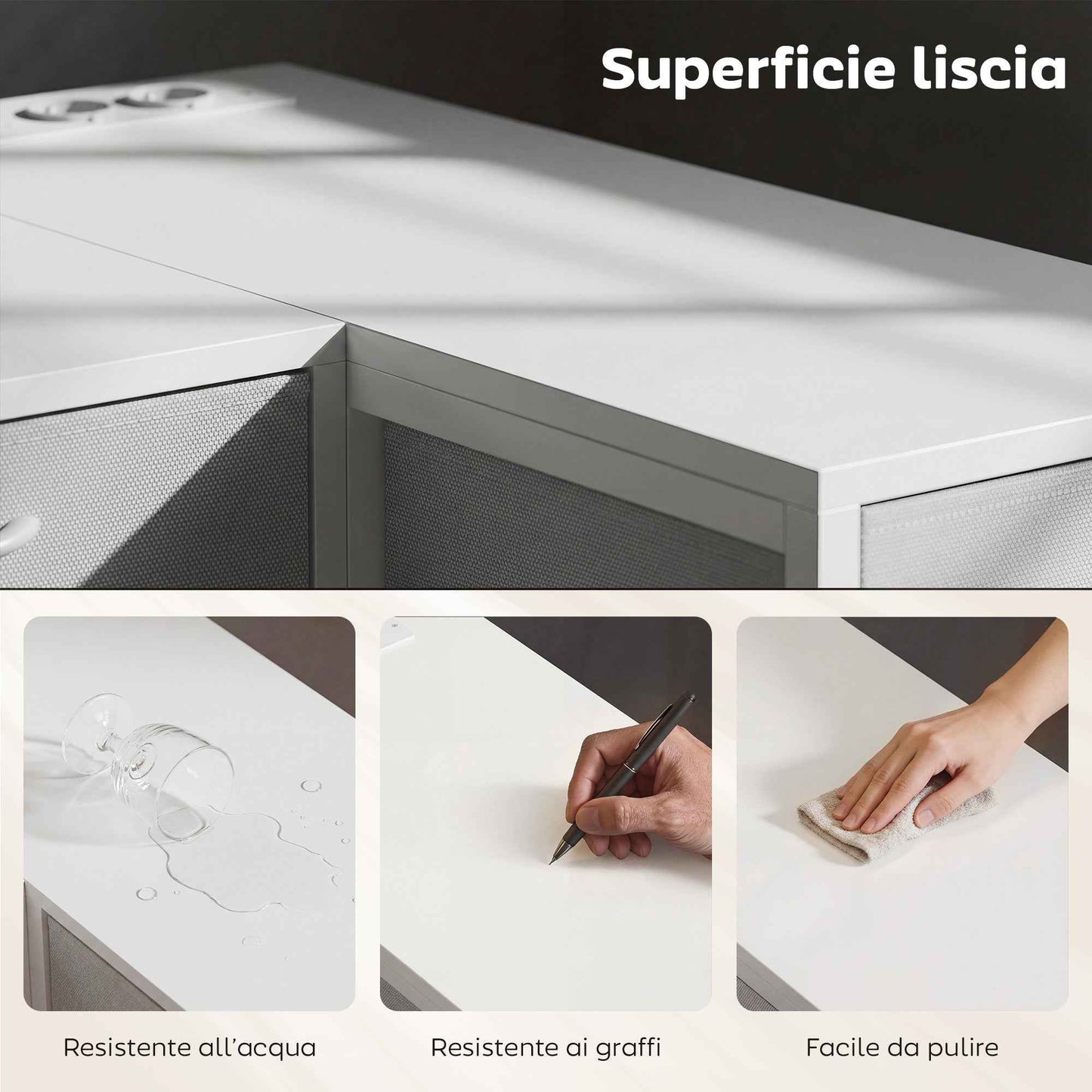 Corner Desk with 6 Drawers, Side Hook and Integrated Sockets, Wood and Steel, 126x48x80 cm, White