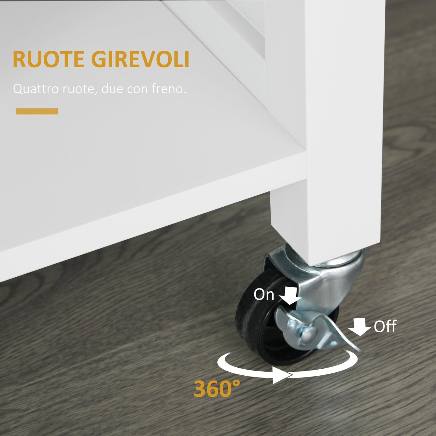 Space-Saving Trolley with Wheels, Solid Wood Kitchen Peninsula: 1 Drawer, 1 Cabinet, 3 Shelves and 4 Wheels, 107.5x48x89 cm